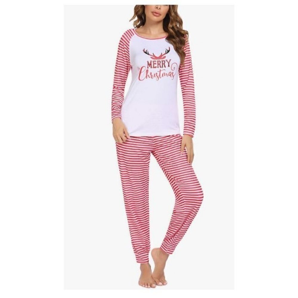 Merry Christmas Plaid Deer Antler Pajama Set Long Sleeve Print Tops and Striped